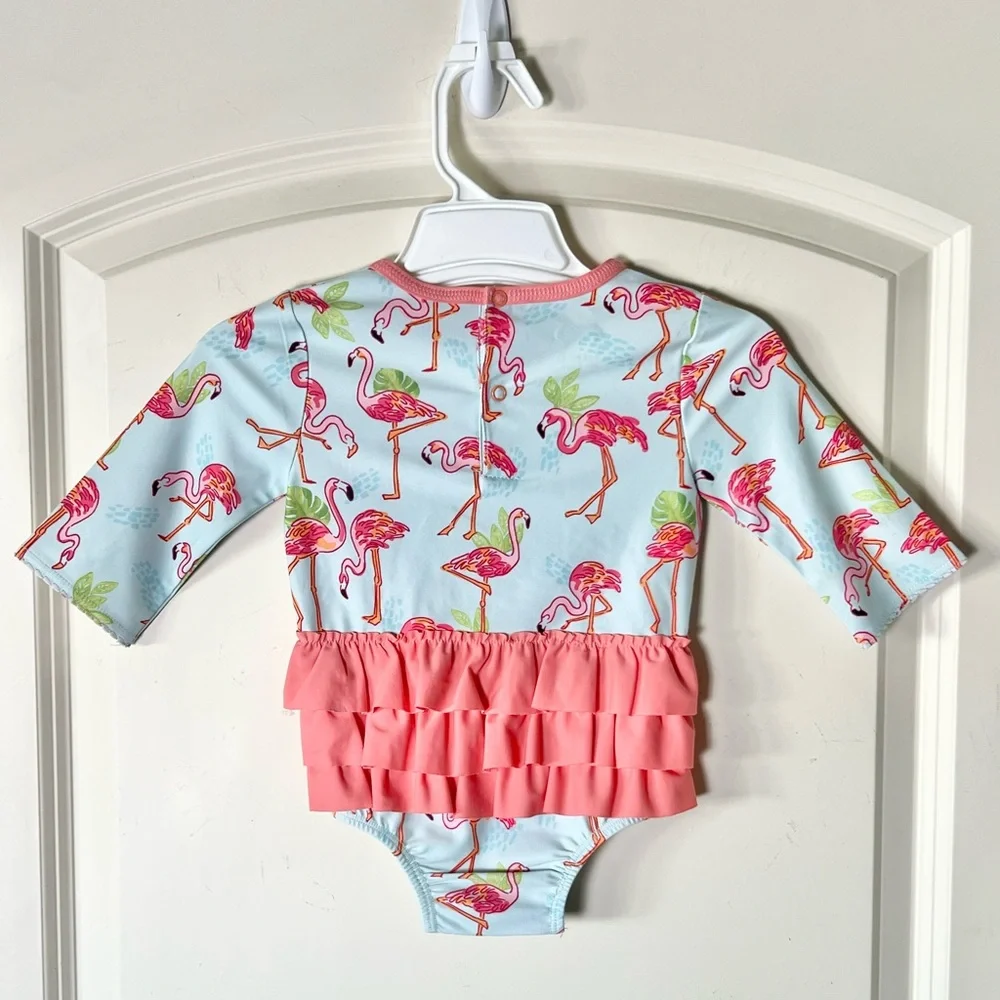 Mud Pie Baby Girls Flamingo One-Piece Rash Guard Swimsuit with Ruffle Butt